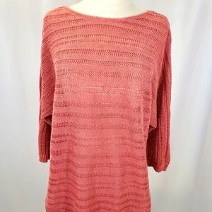 Tahari Womens Open Knit Sweater Size M 100% Linen 3/4 Sleeve Pink Peach Pullover
